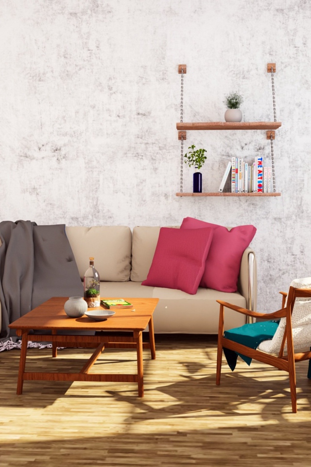 Диван и велосипед стоят в комнате