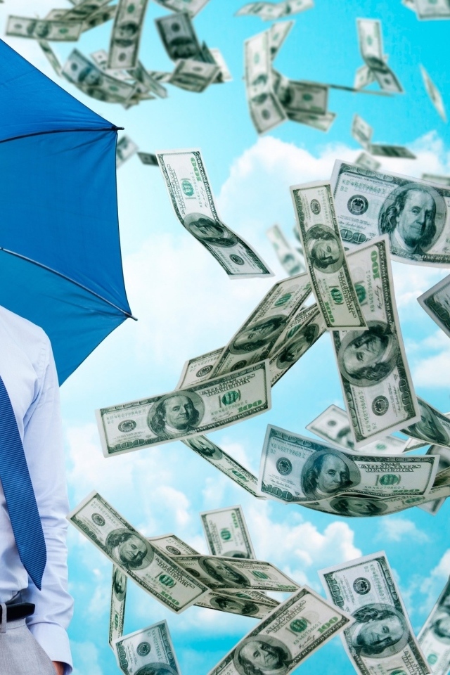 Мужчина  с голубым зонтом под денежным дождем