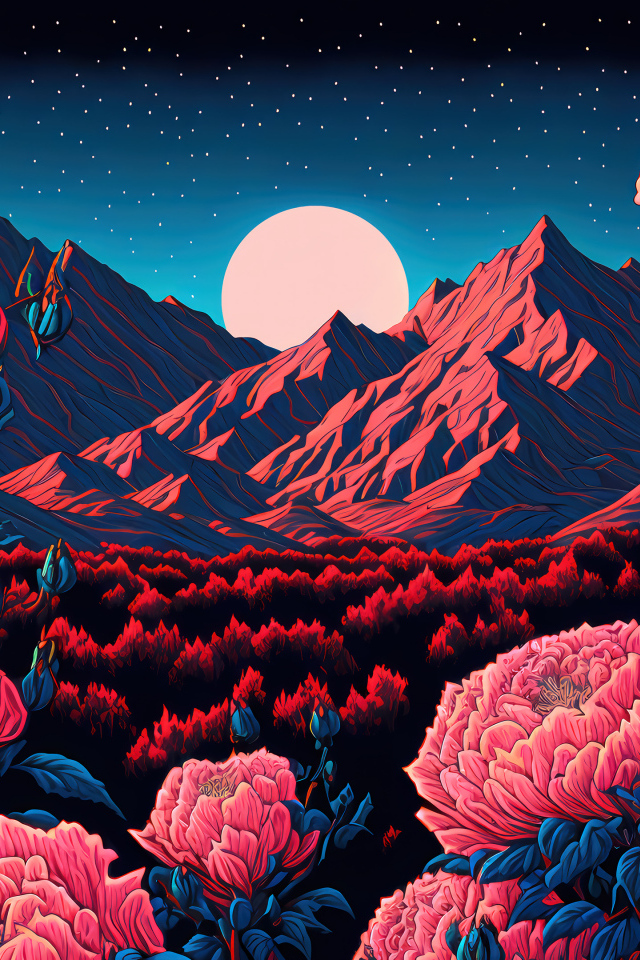 Красивые красные 3д цветы на фоне гор