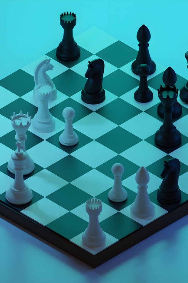 Шахматы 3д на доске на голубом фоне