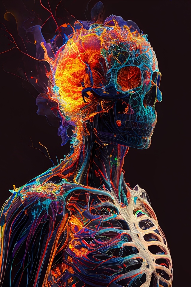 Огненный скелет мужчины на черном фоне