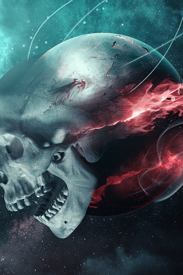 Летящий череп с огненной планетой