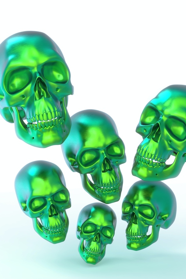 Зеленые стальные черепа на белом фоне