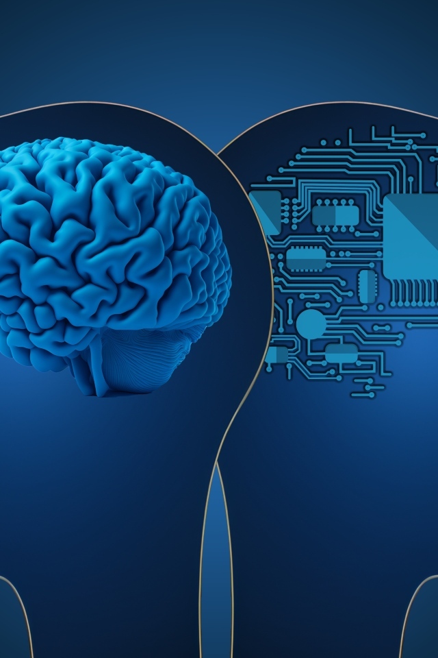 Живой мозг и искусственный интеллект на синем фоне