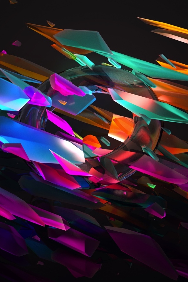 Разноцветные 3д осколки и круг на черном фоне