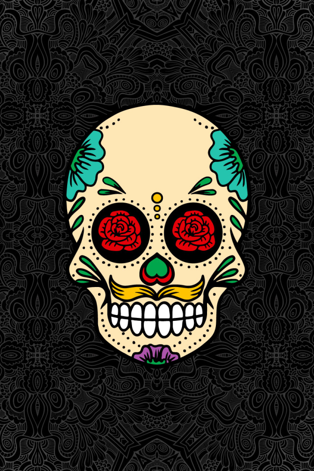 Нарисованный череп на сером фоне с узорами