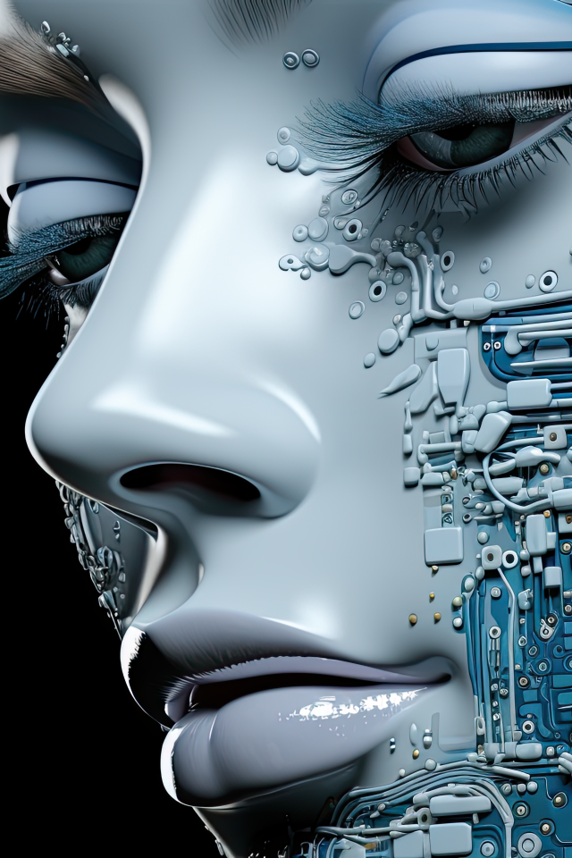 Лицо девушки робота на черном фоне 3д графика