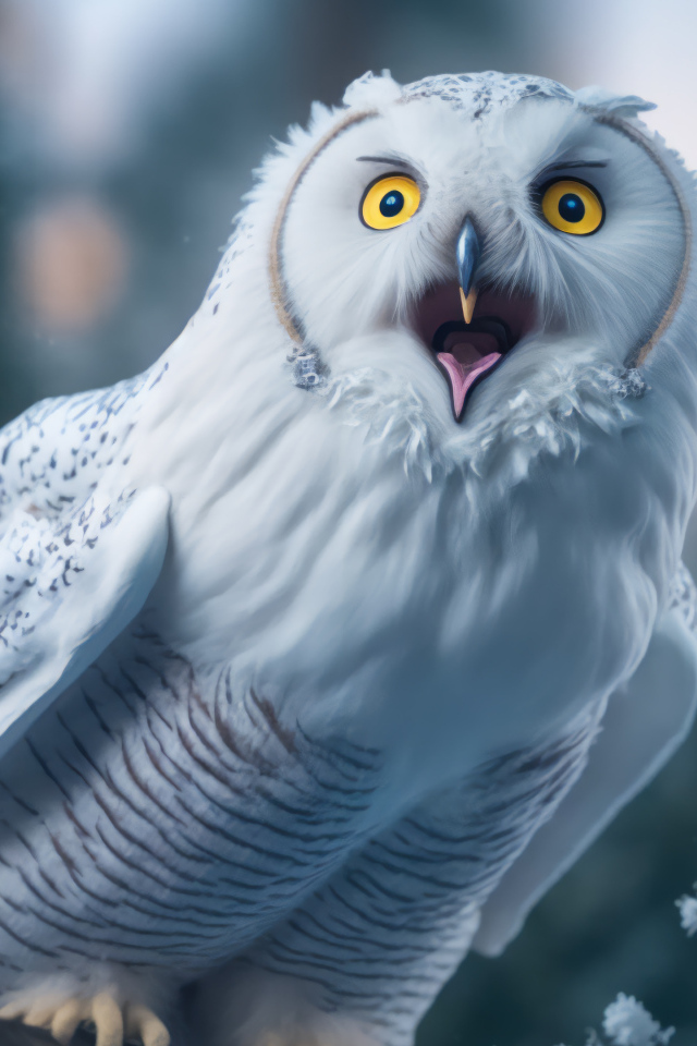 Большая белая сова с открытым клювом