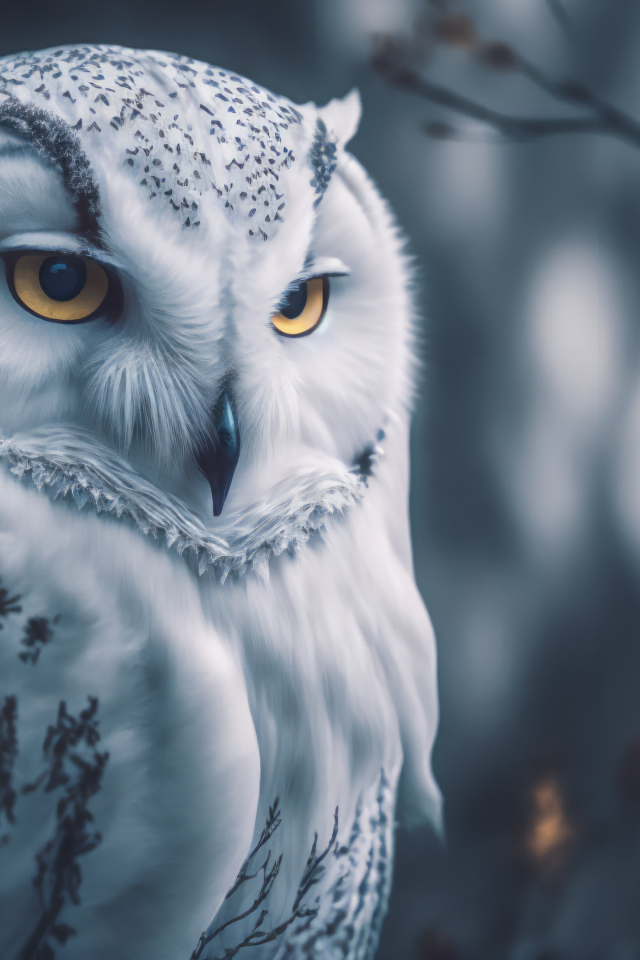 Суровая снежная сова с желтыми глазами