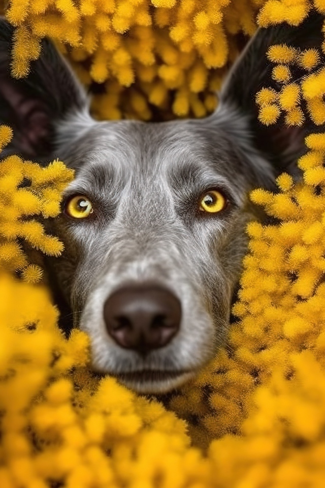 Черная собака в желтых цветах мимозы