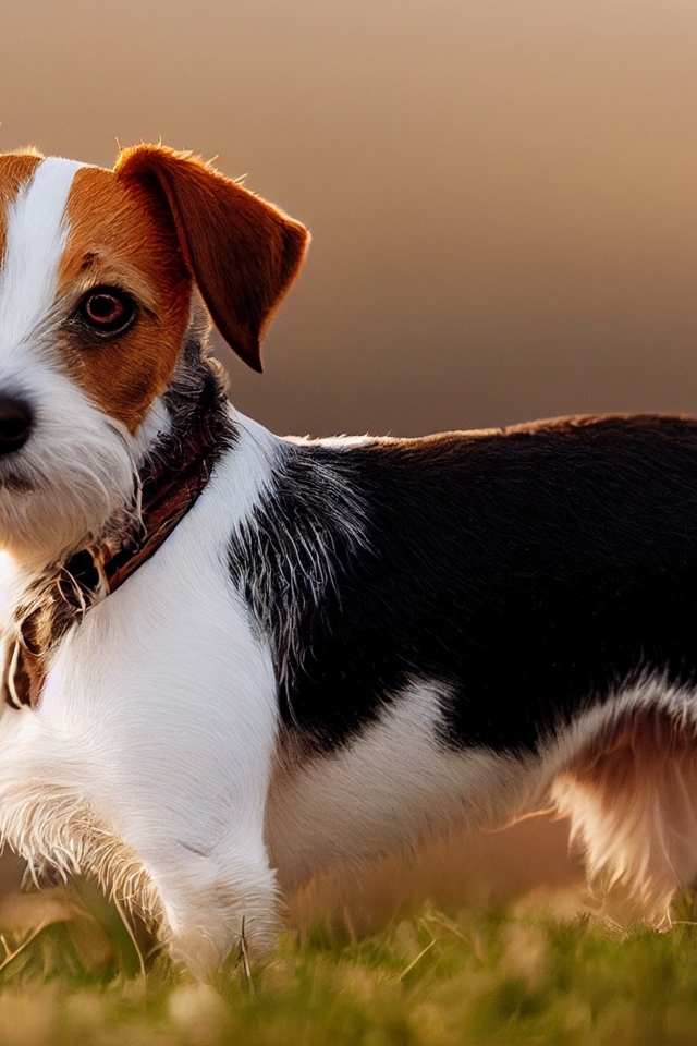 Смешная собака стоит на траве