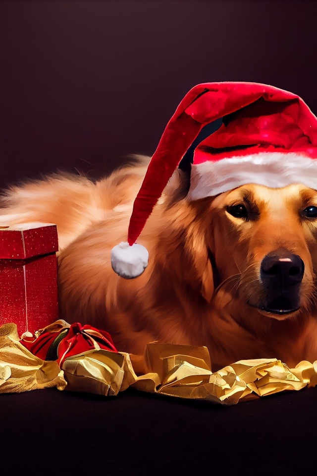Золотистый ретривер в новогодней шапке с подарком