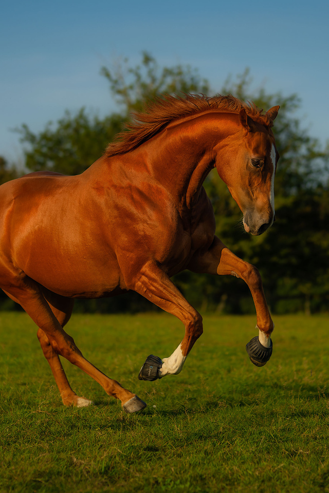 Красивый коричневый конь на зеленой траве