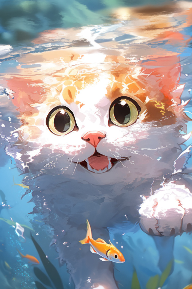 Аниме кот плавает в воде