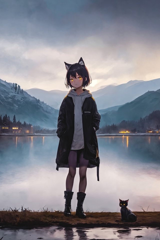 Девочка аниме у воды с котенком