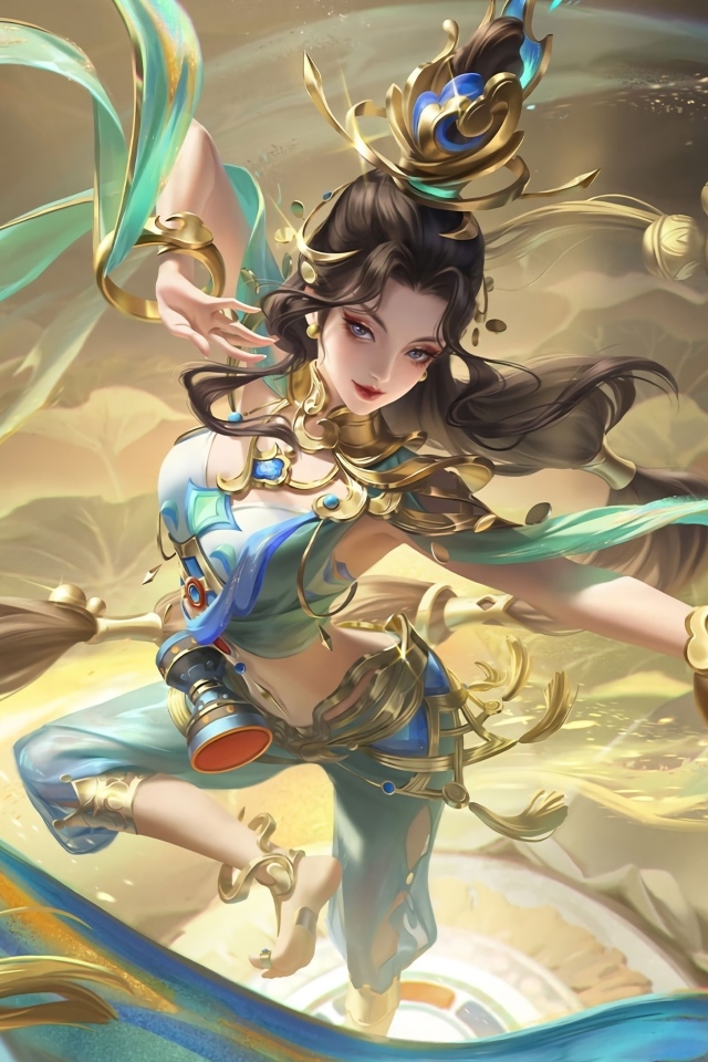 Девушка аниме танцует с голубыми лентами