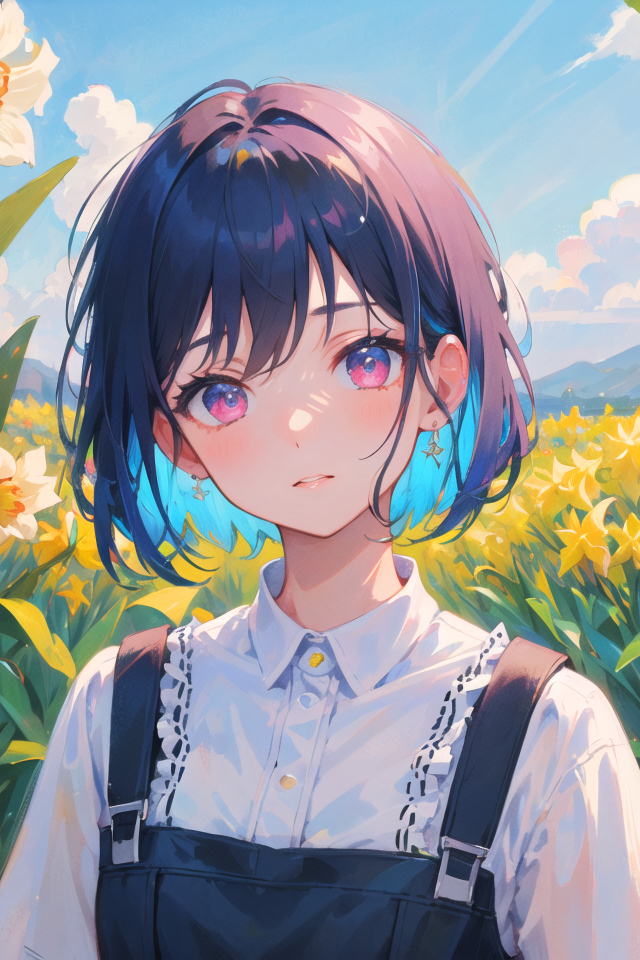 Девушка аниме на поле с нарциссами