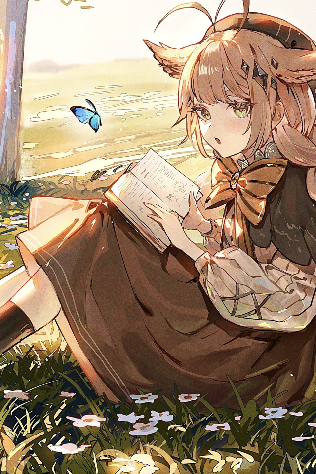 Девушка аниме читает книгу под деревом