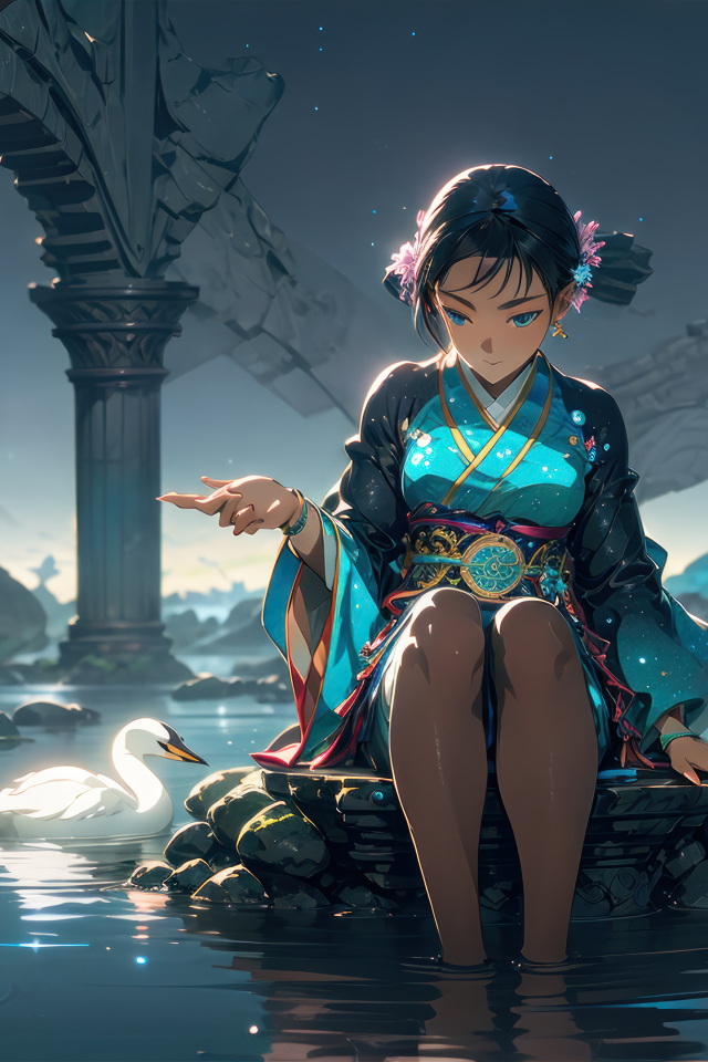 Девушка аниме сидит в пруду с лебедями