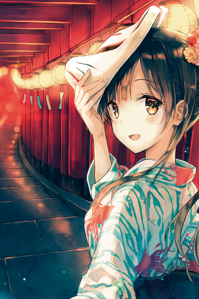 Девушка аниме снимает маску