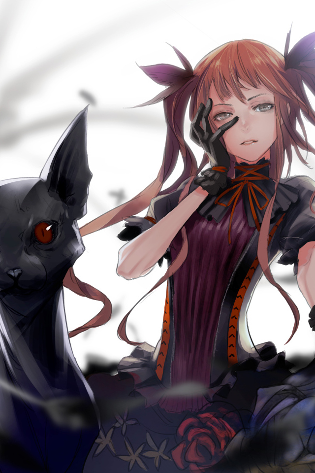 Девушка аниме с черным котом