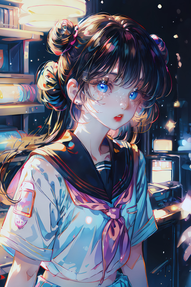 Девушка аниме с голубыми глазами в магазине