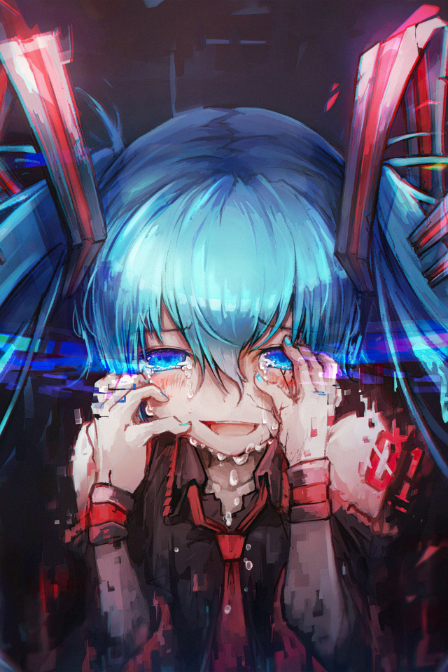 Девушка аниме с голубыми волосами в слезах