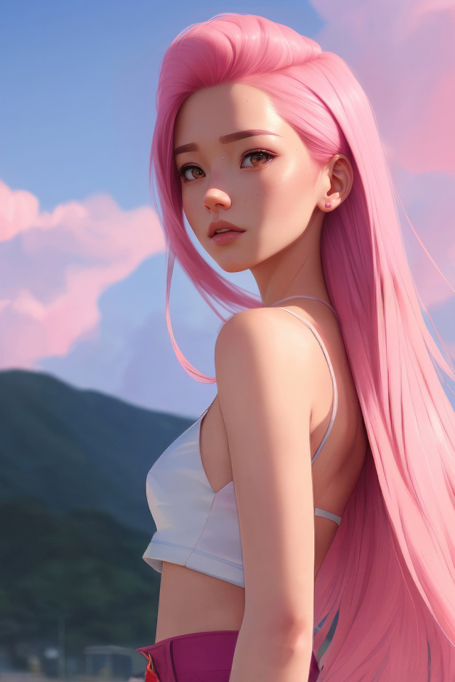 Девушка аниме с длинными розовыми волосами
