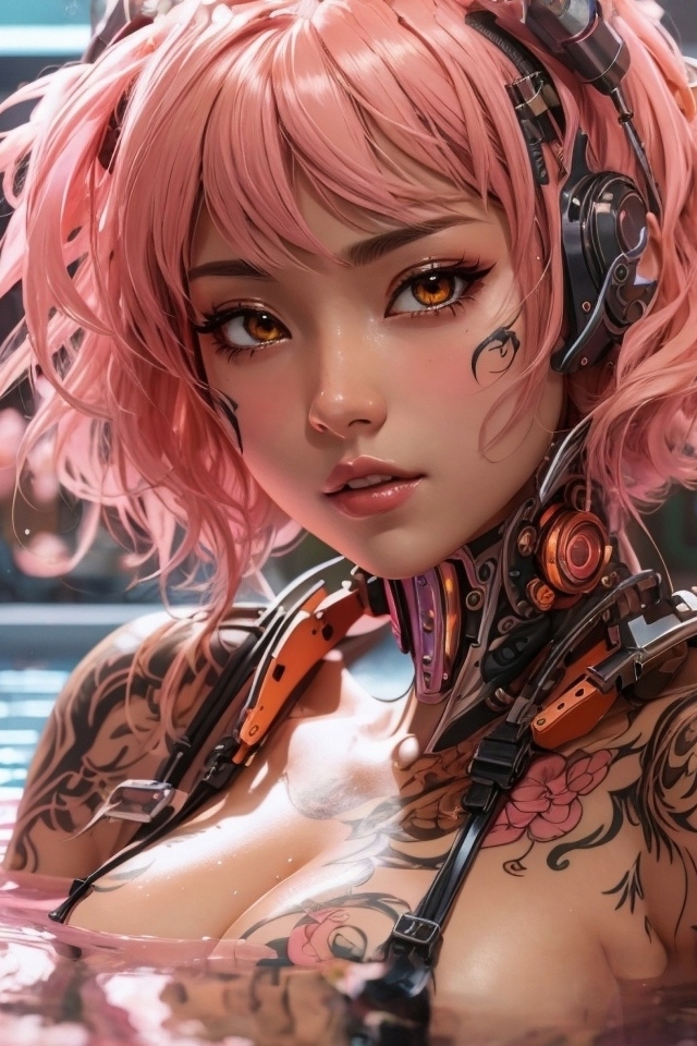 Девушка аниме с розовыми волосами и татуировками на теле