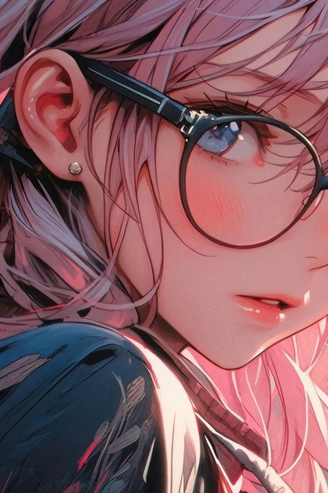 Девушка аниме с розовыми волосами в очках