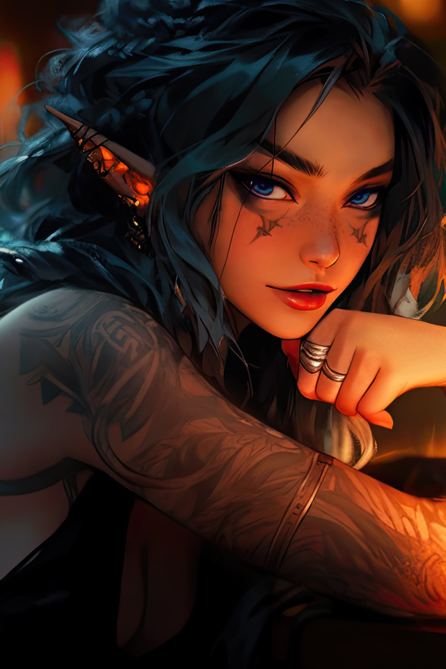 Девушка аниме с татуировками сидит в баре