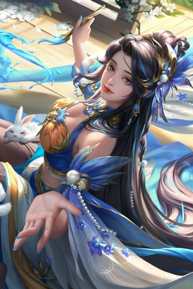 Девушка аниме с белыми кроликами