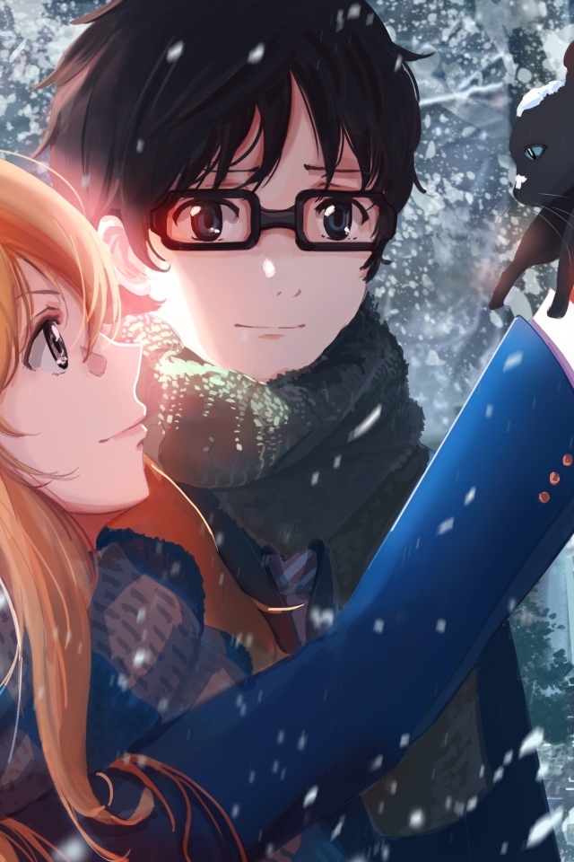 Парень и девушка аниме с котенком в руках