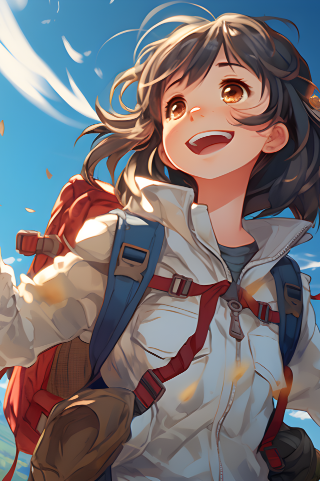 Веселая девушка аниме с рюкзаком за спиной