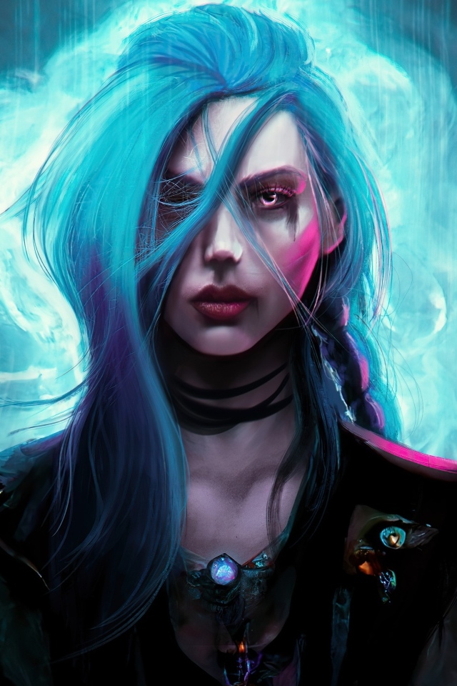 Девушка с голубыми волосами в дыму