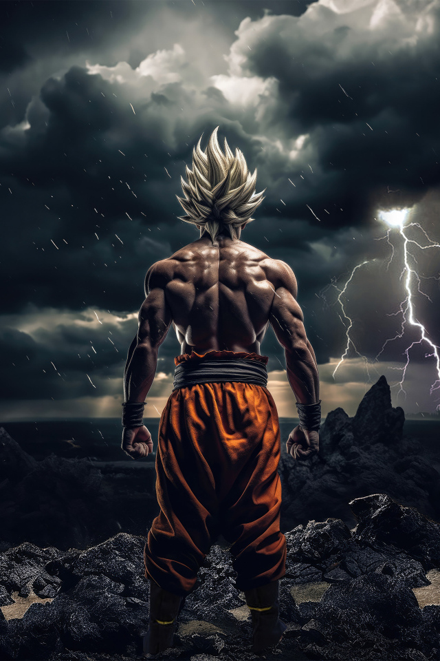 Гоку персонаж аниме на фоне грозового неба