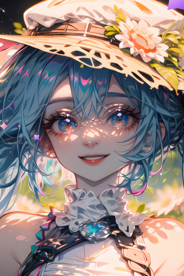 Улыбающаяся девушка аниме с голубыми волосами в большой шляпе