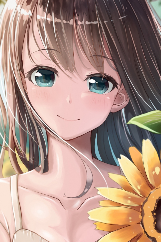 Улыбающаяся девушка аниме с цветами подсолнуха