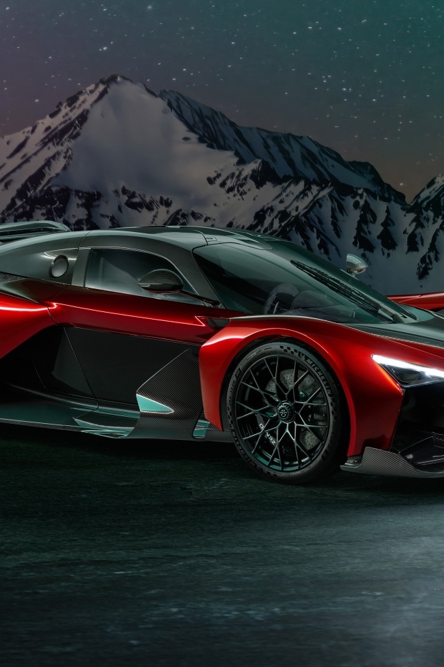 Красный спорткар Zenvo Aurora Agil  на фоне гор