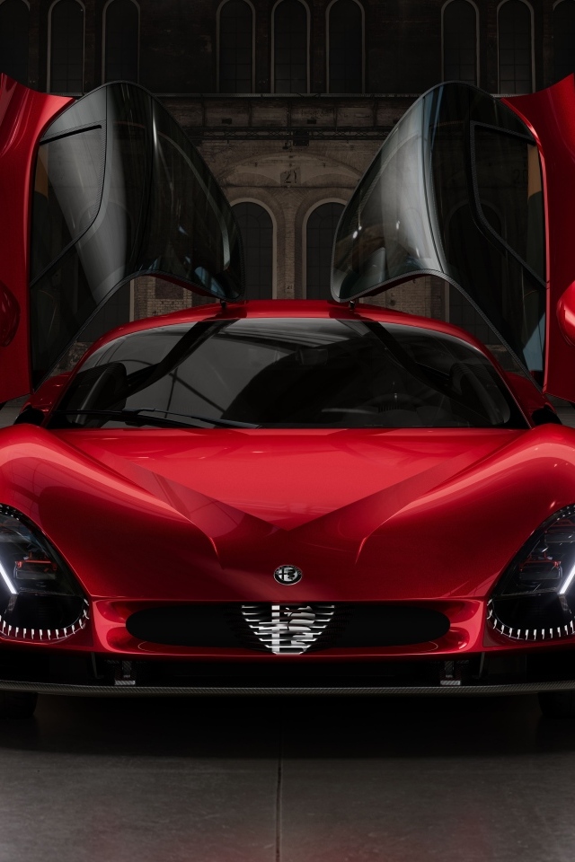 Красный быстрый автомобиль Alfa Romeo 33 Stradale 2024 года