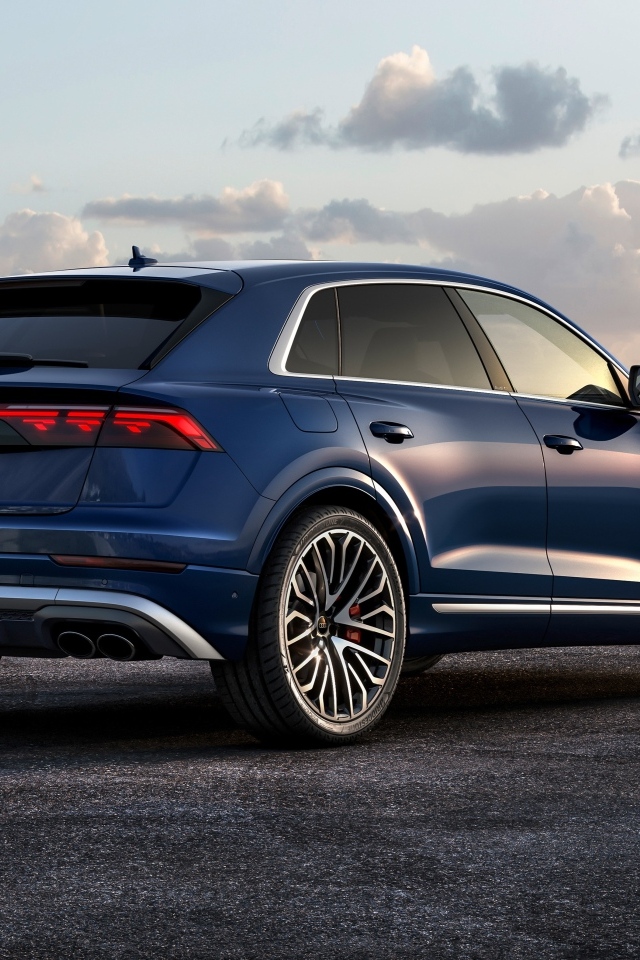 Синий автомобиль Audi SQ8 TFSI 2023 года вид сзади