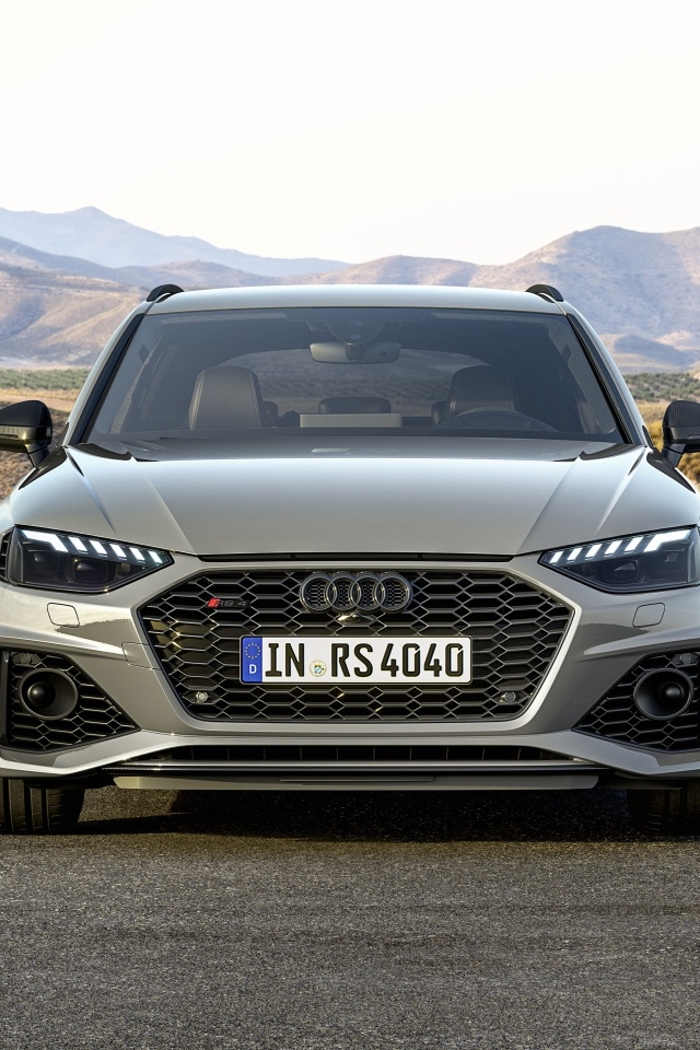 Серебристый автомобиль Audi RS 4 Avant Competition  на фоне гор