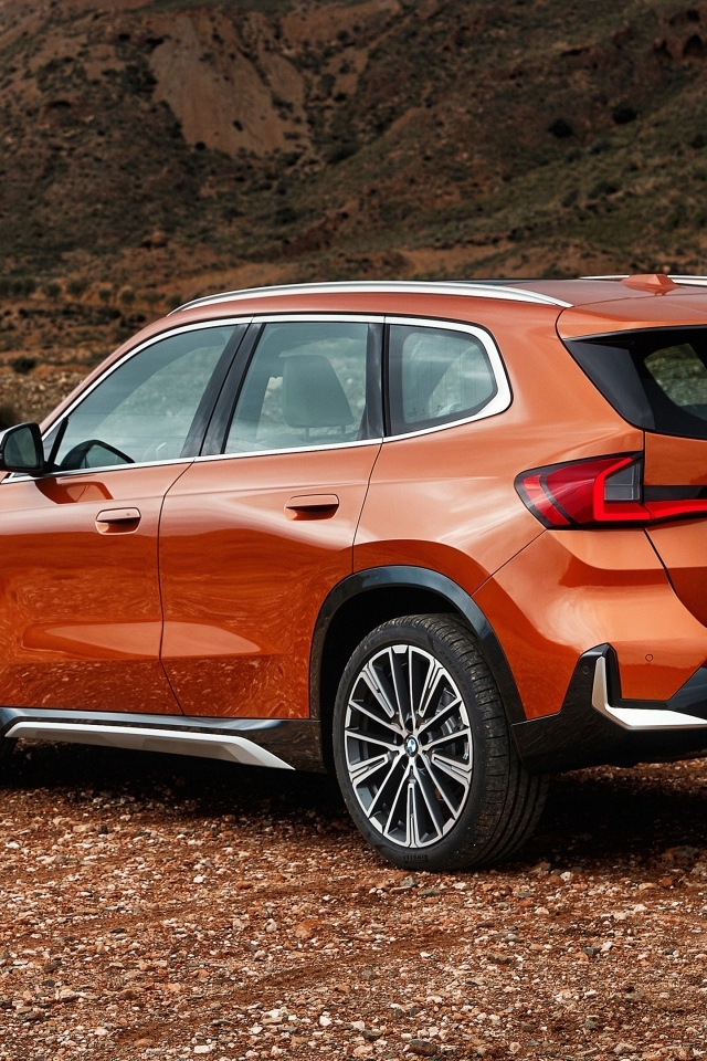 Красный автомобиль BMW X1  вид сзади