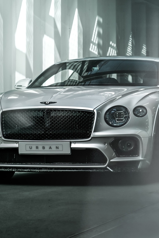 Серебристый автомобиль Bentley Continental GT в здании