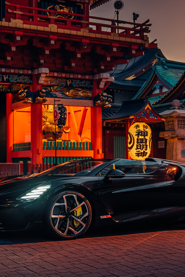 Черный спортивный автомобиль Bugatti W16 Mistral  у здания