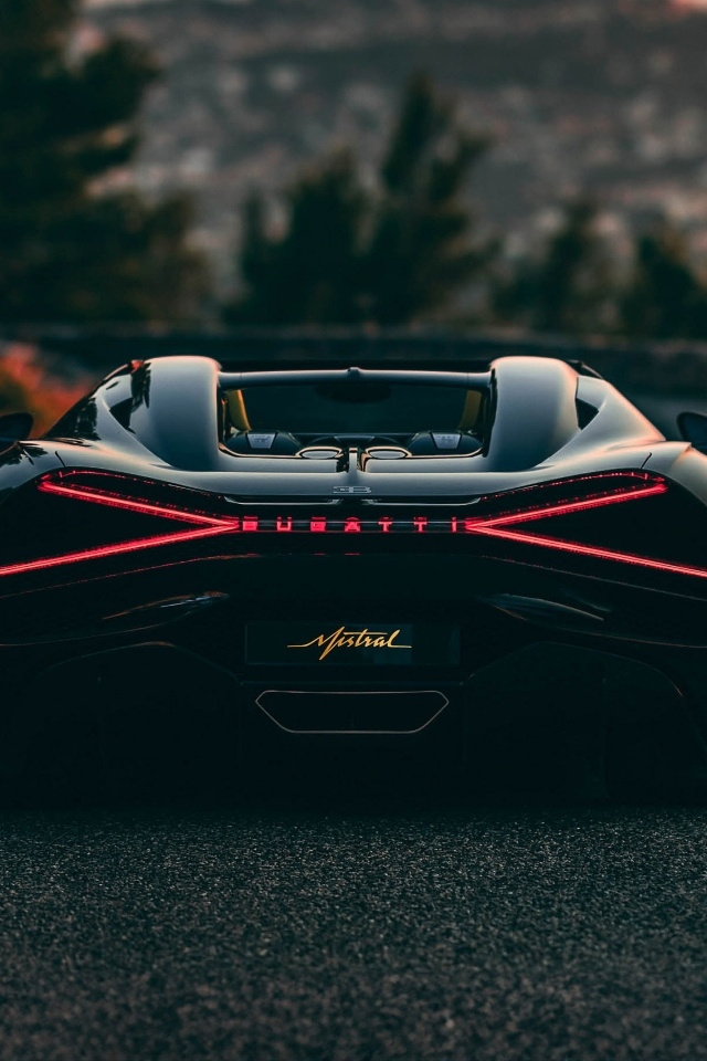 Вид сзади на спортивный автомобиль Bugatti Mistral