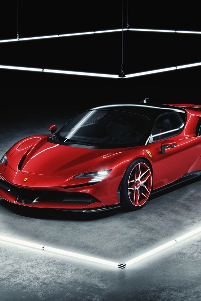 Красный автомобиль Ferrari SF90 Stradale в комнате