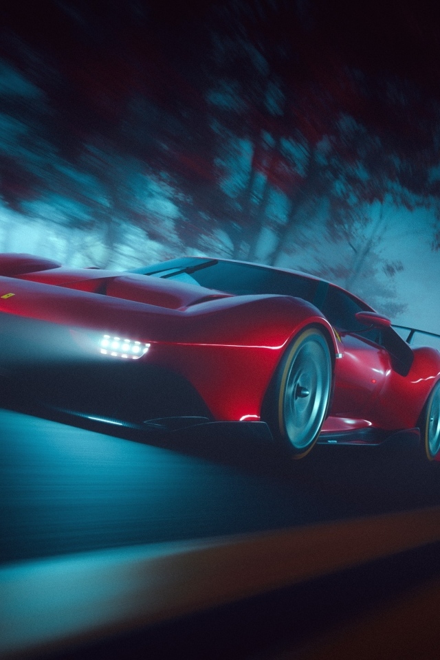 Красный автомобиль Ferrari P80C ночью на трассе