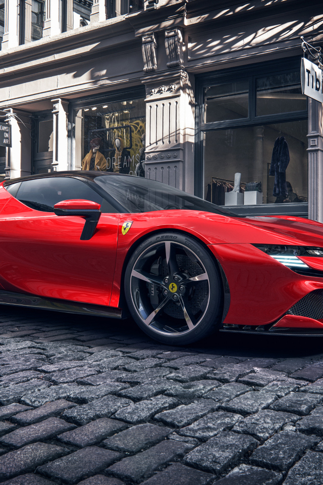 Красный автомобиль Ferrari SF90 Stradale в городе