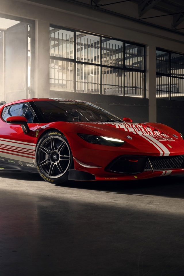 Красный быстрый автомобиль Ferrari 296 Challenge 2023